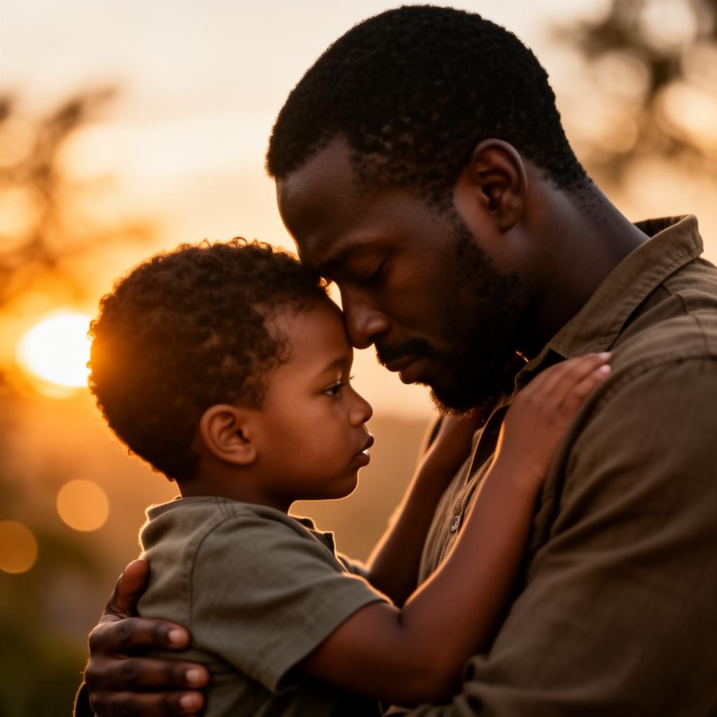 Pai e filho em abraço ao pôr do sol