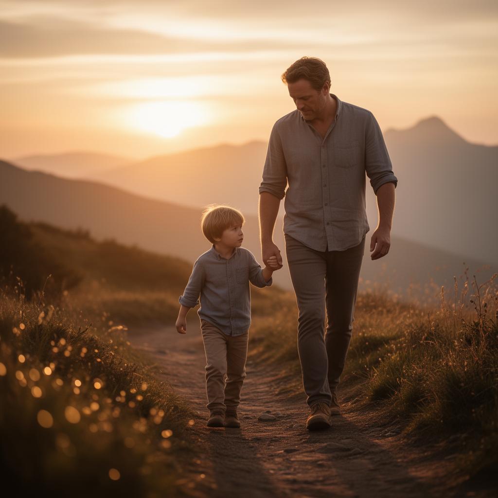 Pai e filho caminhando juntos em trilha ao pôr do sol